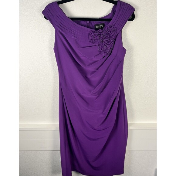 Adrianna Papell Dress Size10 Purple Ruched Side Floral Appliqué Off Shoulder - Picture 1 of 10